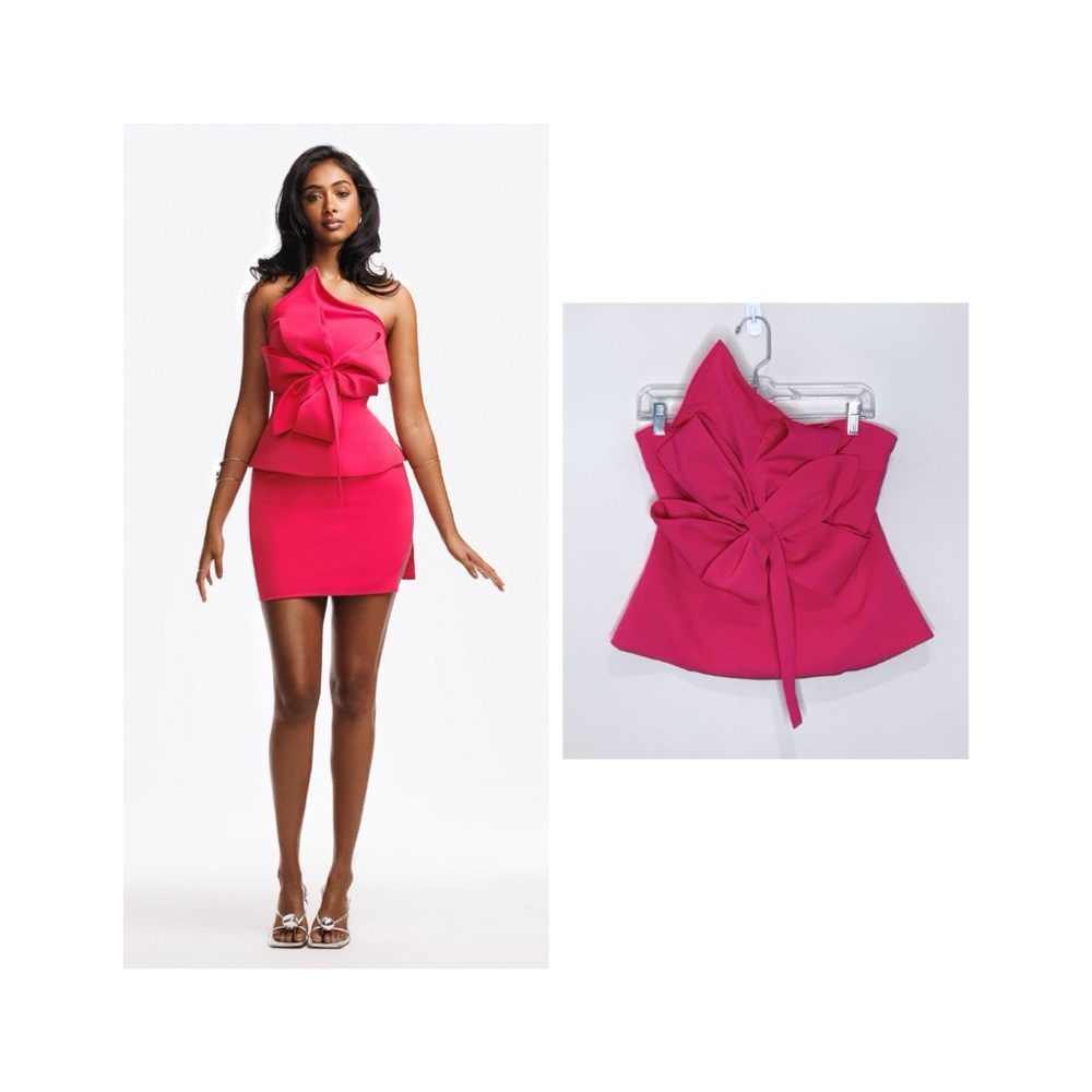 NEW Hanifa Celina Top (Sz M) Strapless Bow Asymmetric Peplum Hot Pink